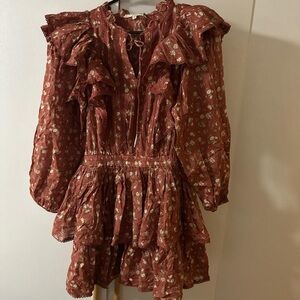AE77 Floral Mini‎ Dress Ruffle Trim Long Sleeve Tie Neck XS